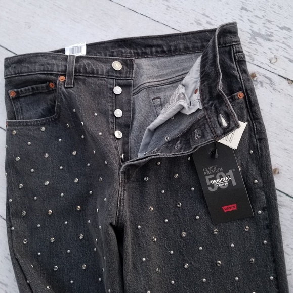 Levi's 501 Studs &"Crystals" Cropped Jeans - Picture 2 of 8